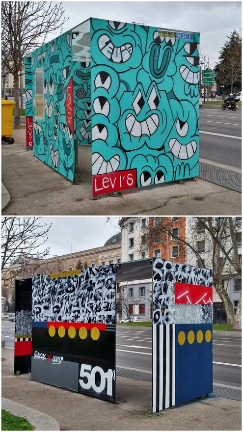 Dos de las marquesinas cegadas por la publicidad en Recoletos