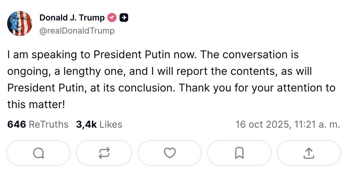 Truth Social de la llamada entre Trump y Putin.