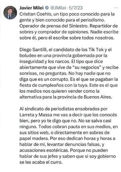 Javier Milei hablaba sobre Diego Santilli en X, en julio de 2023.