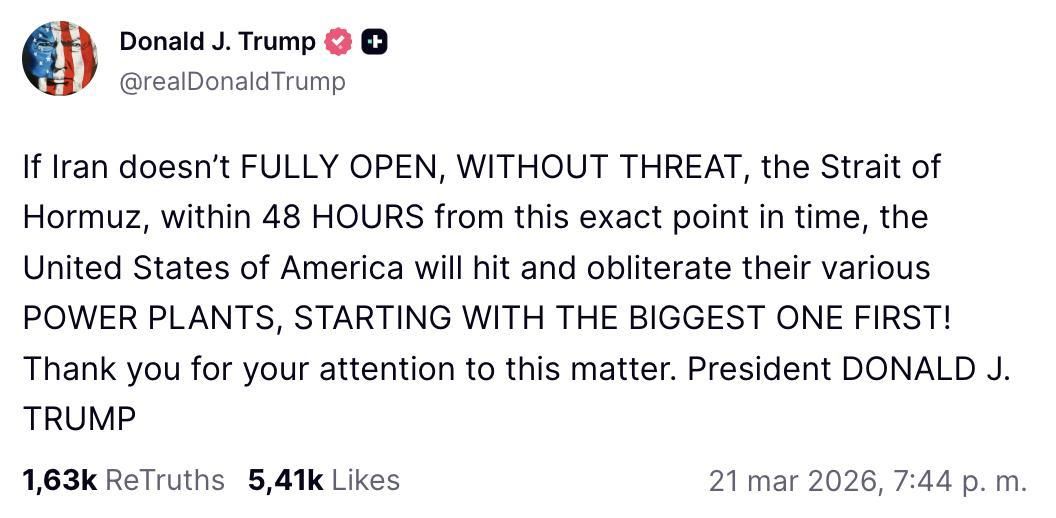 Truth Social de Trump sobre Irán.