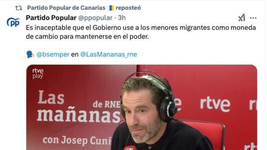 Declaraciones de Borja Sémper compartidas por el PP de Canarias en sus redes.