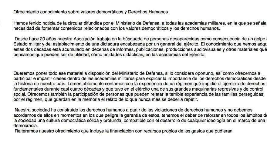 Extracto de la misiva enviada hoy por la ARMH al ministerio de Defensa