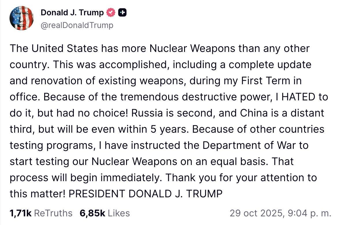 Truth Social de Trump sobre las pruebas con armas nucleares.