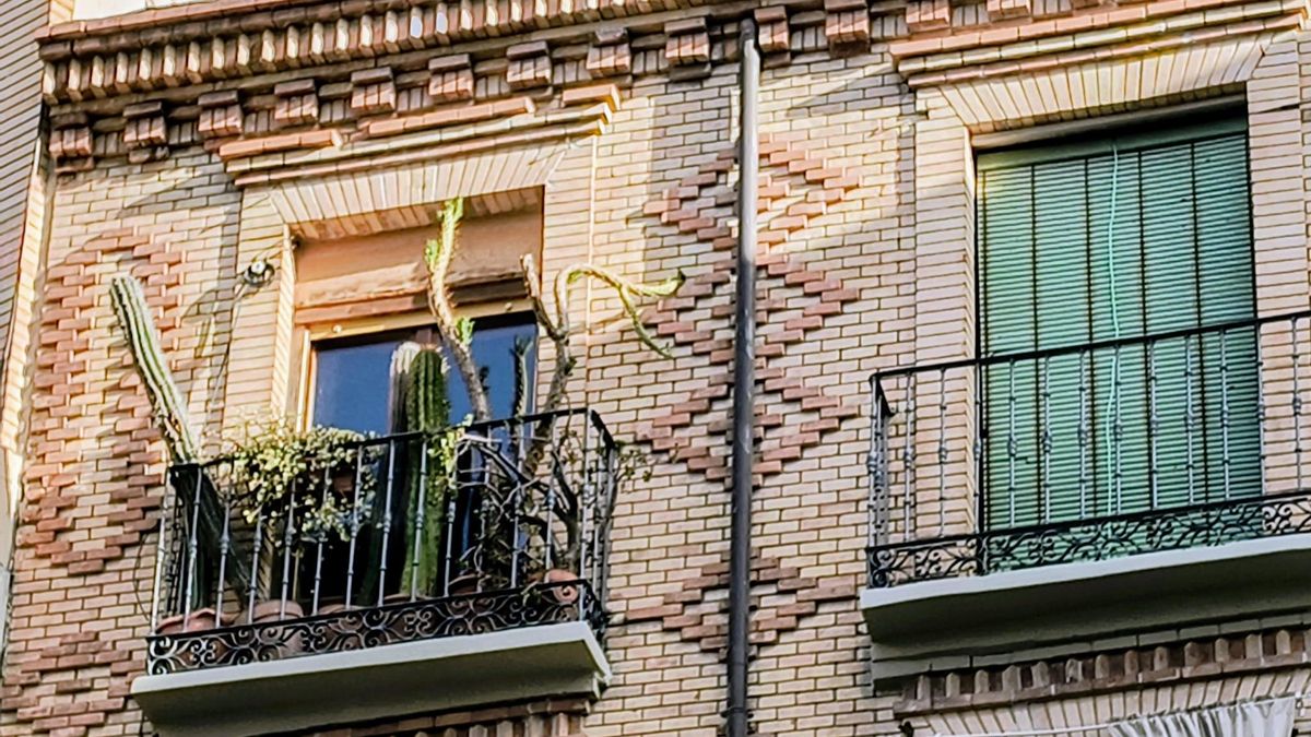 Edificio mudéjar y plantas en el balcón.