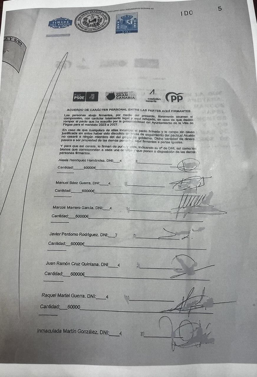Documento presentado por CONFIR donde se ve la firma de un pacto firmado por siete concejales del Ayuntamiento de Firgas.