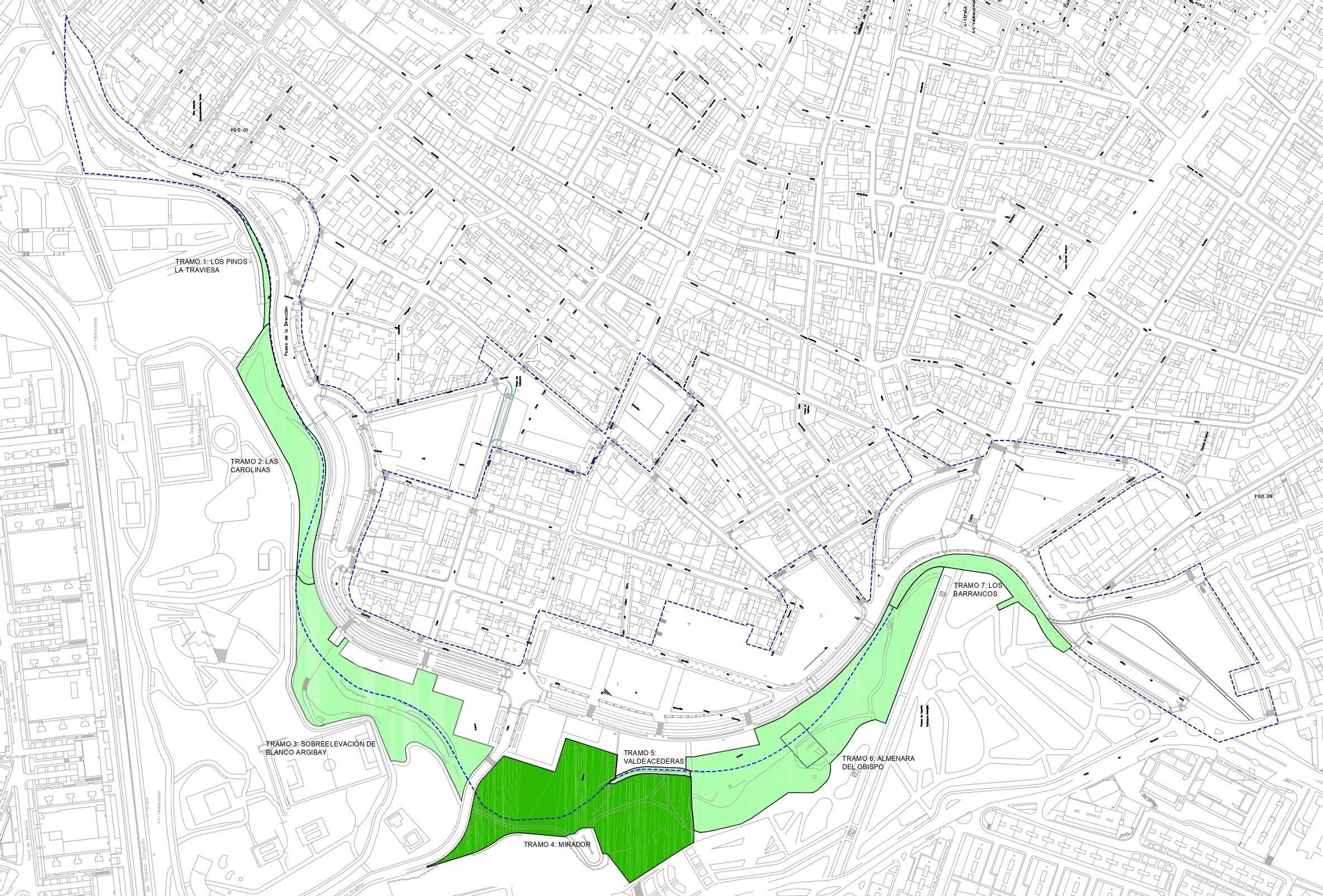 Tramos del parque de la Cornisa del paseo de la Dirección. En verde, el que será ahora urbanizado