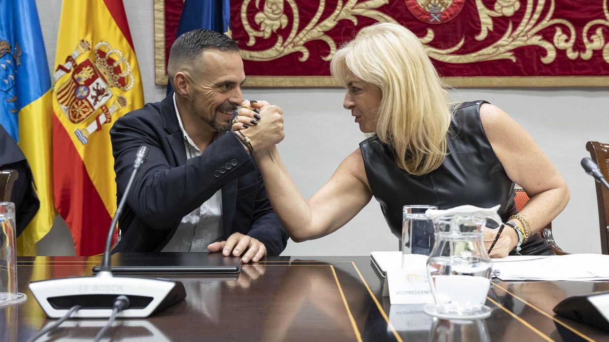 La consejera de Sanidad del Gobierno de Canarias, Esther Monzón (d), bromea con el director del Servicio Canario de la Salud, Adasat Goya (i), antes de expone al Parlamento los presupuestos de su área para 2026.
