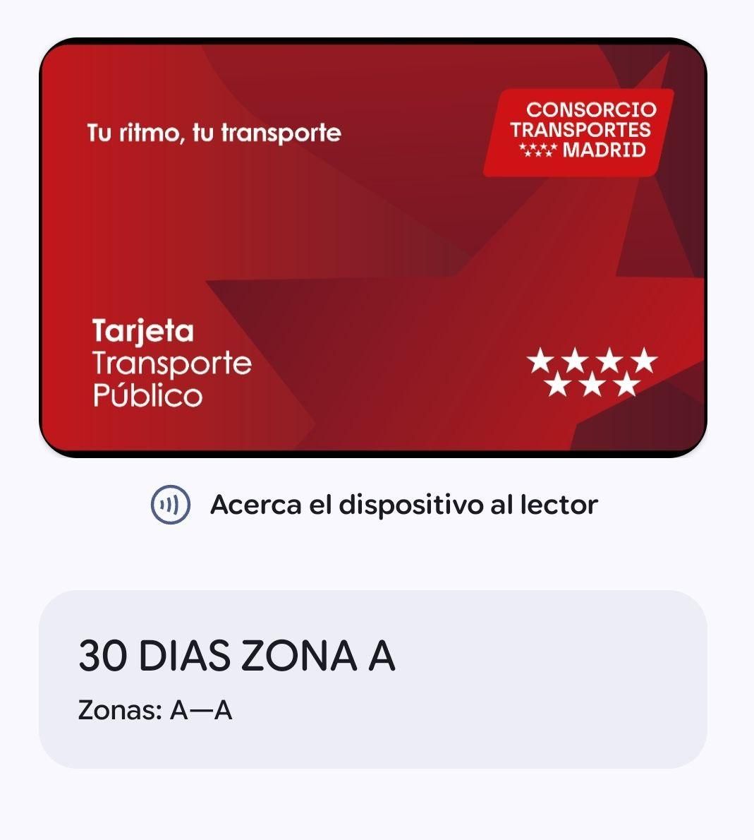 Aspecto de la tarjeta virtual en la pantalla del móvil en Google Wallet al proceder a pasarla por los sensores del transporte.