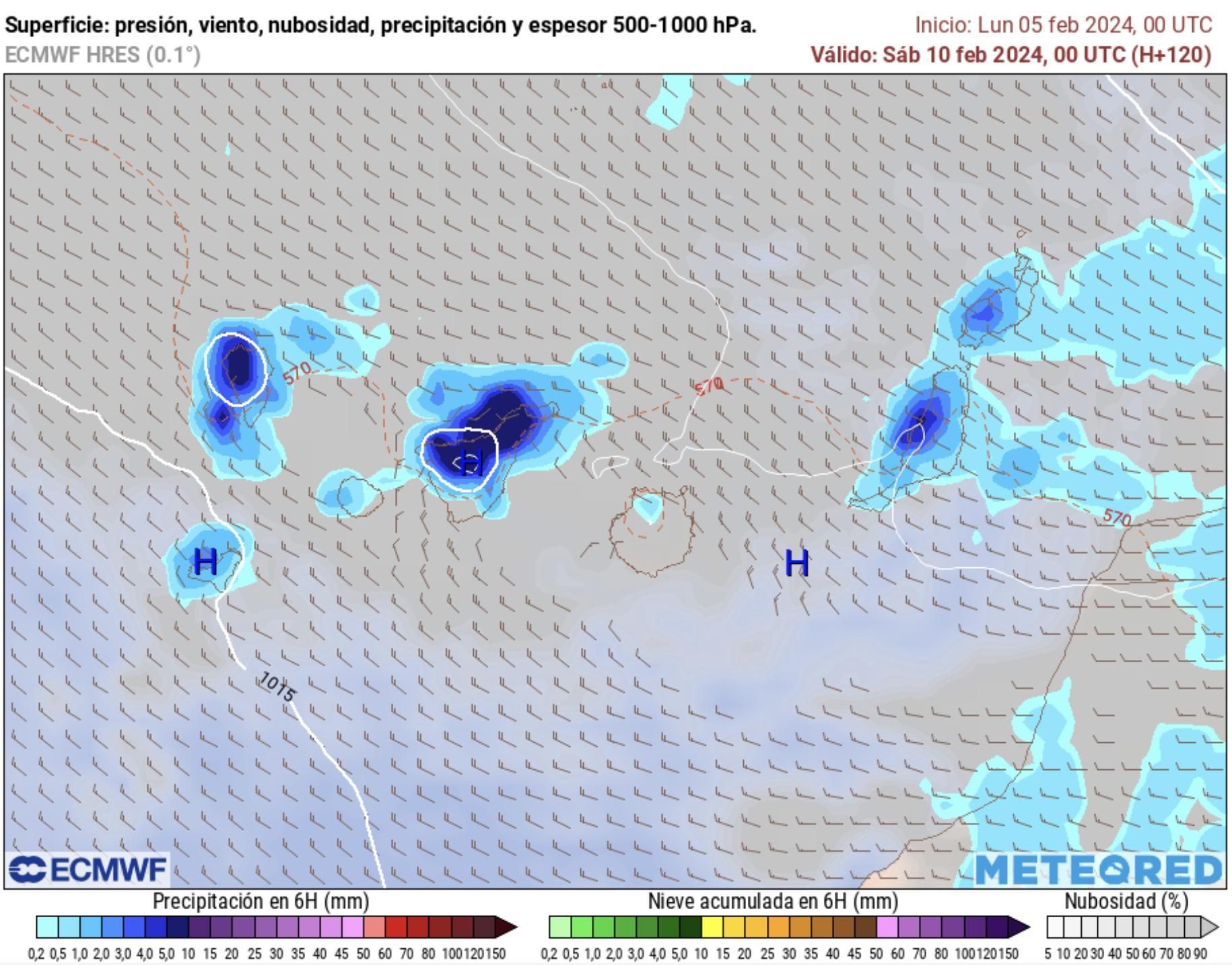 Mapa de lluvias previstas en Canarias el sábado a las 00.00 horas, según el modelo europeo.