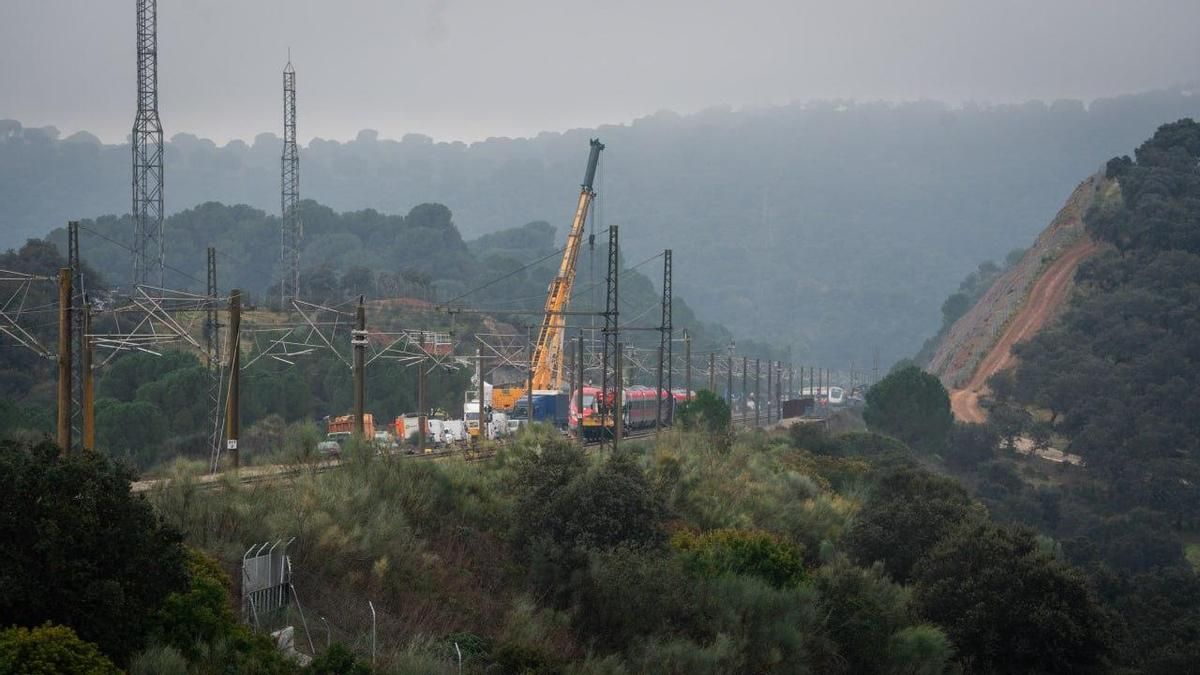 La maquinaria pesada trabaja en la retirada del Iryo.
