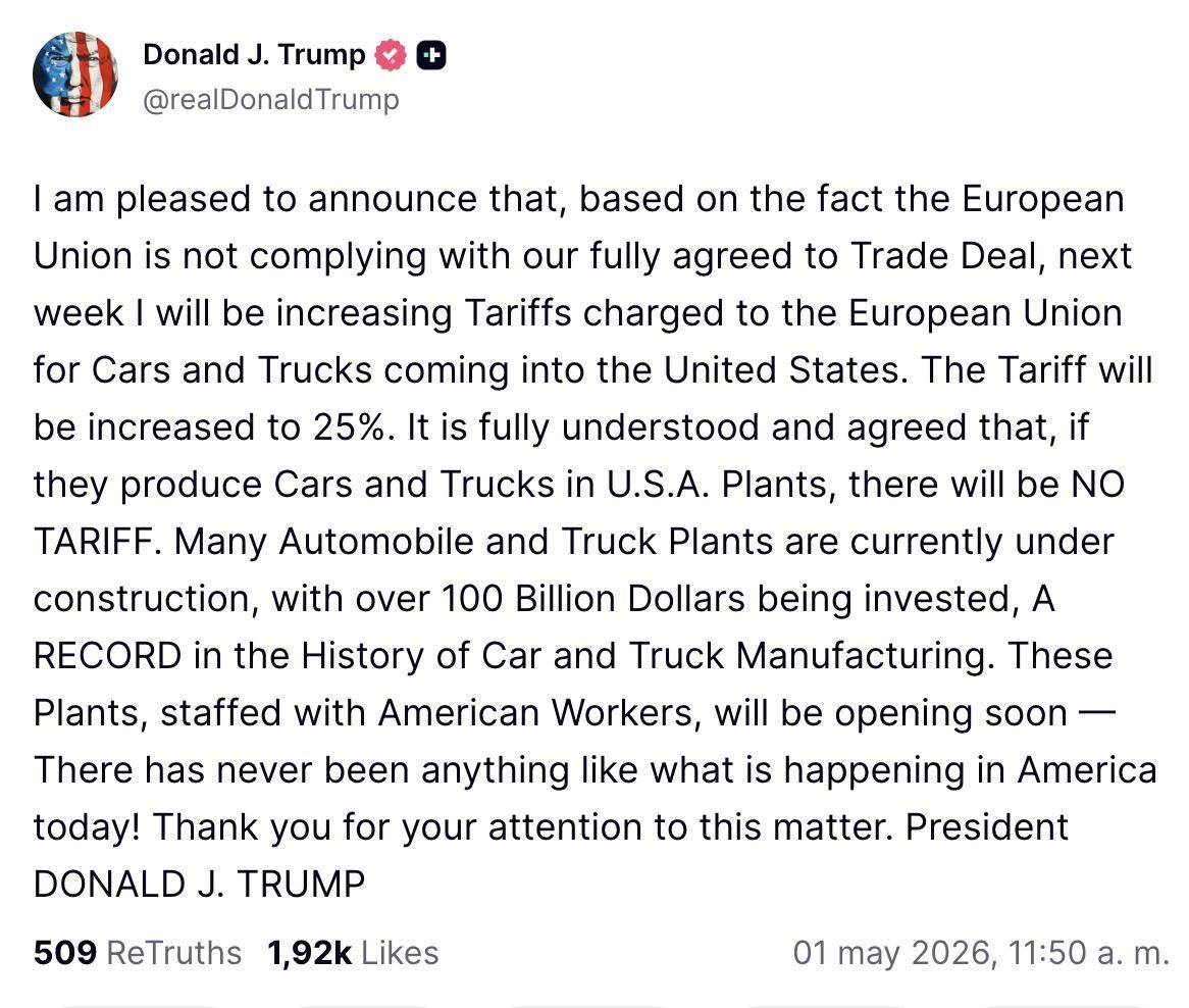Truth Social de Trump sobre aranceles a la UE.