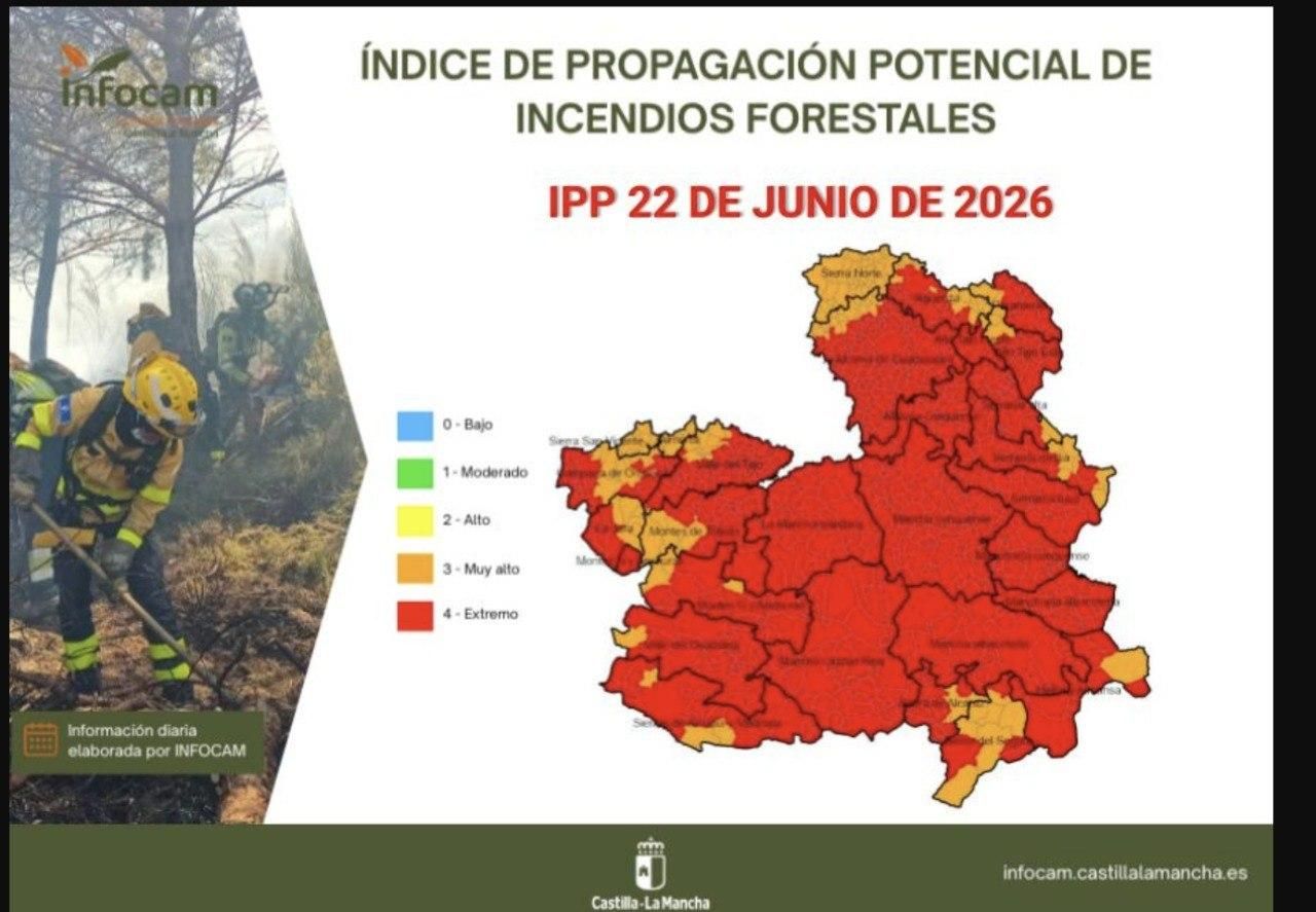 Mapa del Índice de Propagación de Incendios Forestales el 22 de junio de 2026