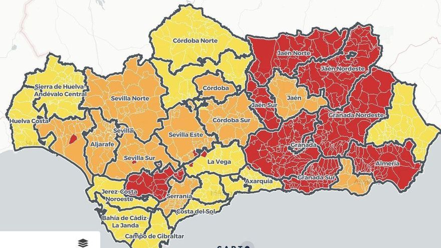 Mapa de Andalucía con niveles de alerta de Covid-19 por municipios vigentes desde el jueves 29 de abril de 2021