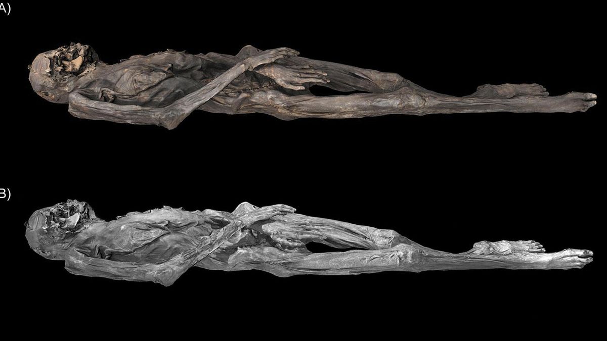 Modelo 3D creado fotogramétricamente de la momia femenina de la tumba 5 de Pazyryk, que muestra: A) textura derivada de fotografías de espectro visible; y B) textura derivada de fotografía de infrarrojo cercano
