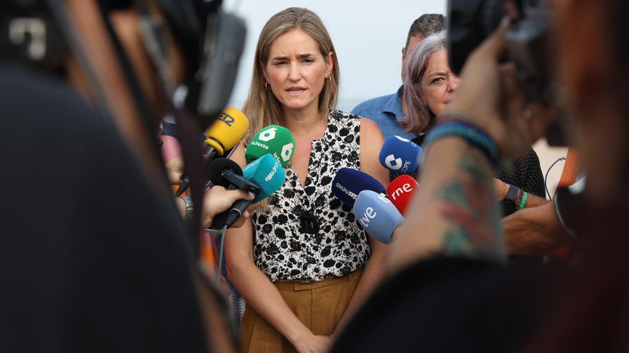 La vicepresidenta y ministra para la Transición Ecológica y el Reto Demográfico, Sara Aagesen  atiende a los medios en una visita a la playa de Camposoto (Cádiz). Imagen de archivo