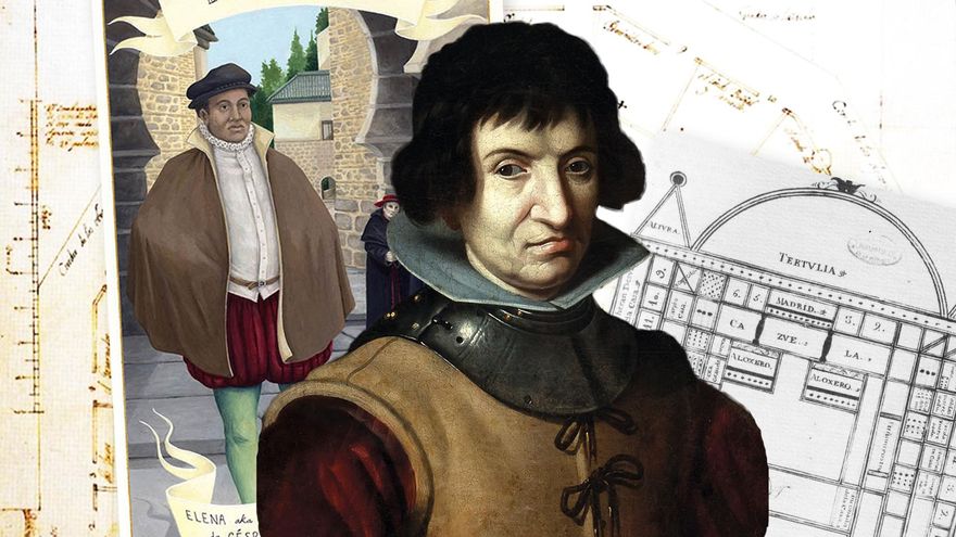 Eleno de Cespedes tras Catalina de Erauso y de fondo planos de corrales de comedia