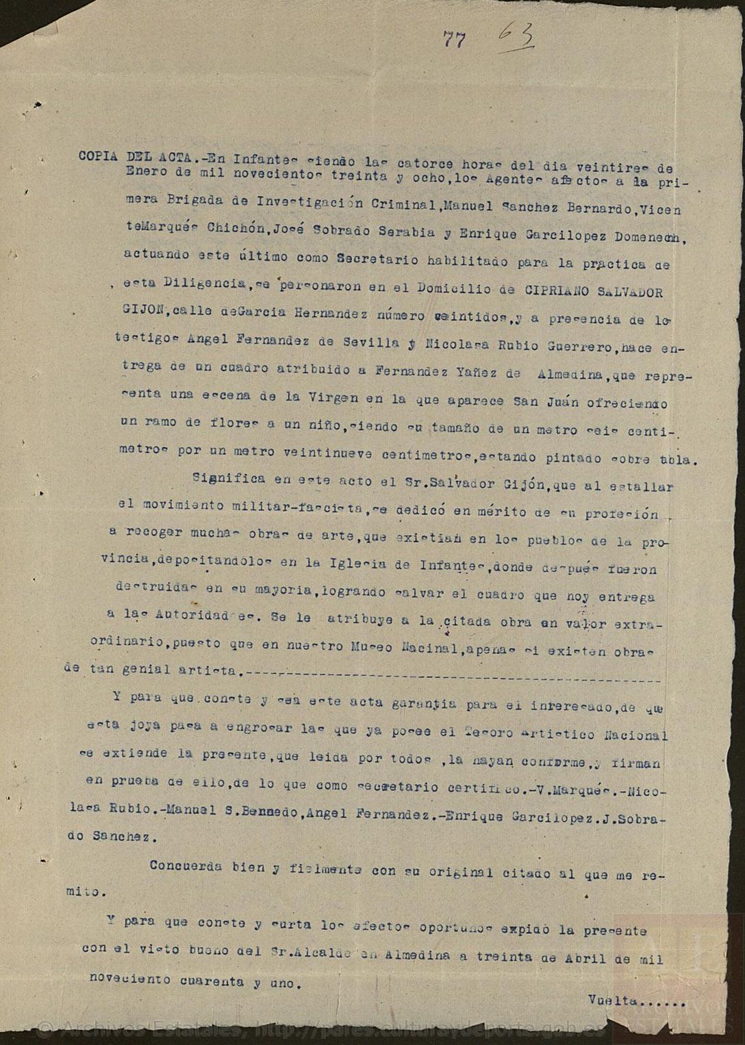 Acta por el que se da potestad a Cipriano para custodiar el cuadro