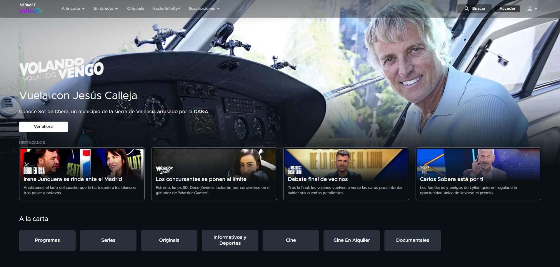 La apariencia principal de Mediaset Infinity, este viernes