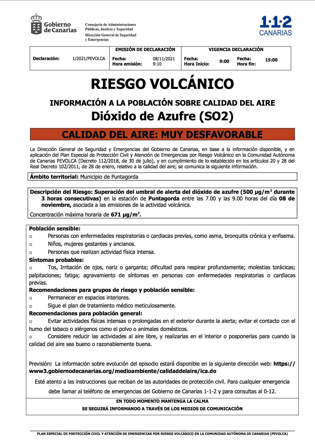 Aviso a la población sobre la calidad del aire emitido este lunes por la Dirección General de Seguridad y Emergencias del Gobierno de Canarias,.