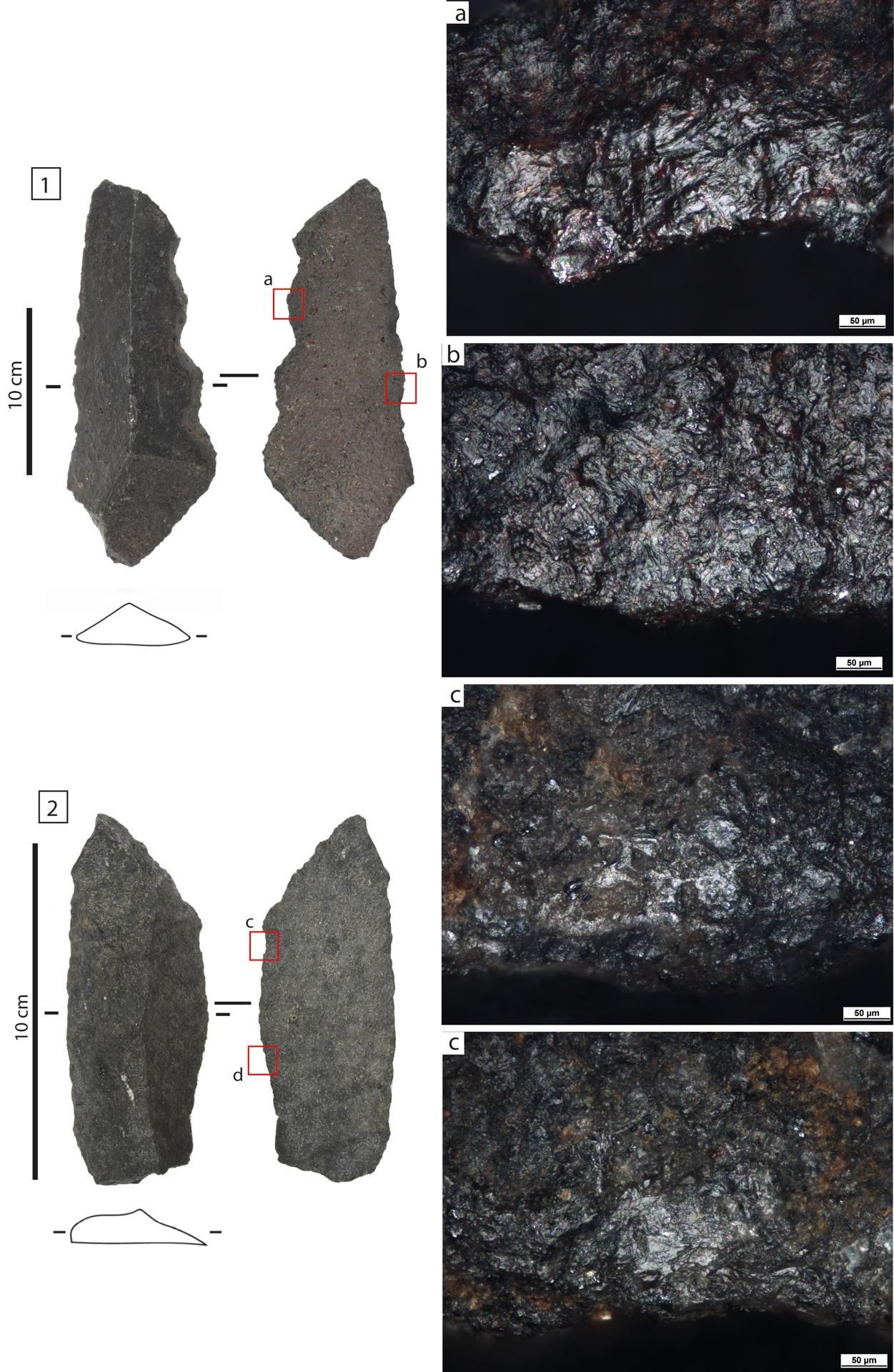 una lasca de piedra con marcas de desgaste por haberla utilizado para cortar piel.