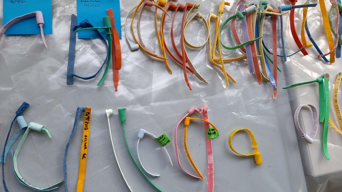 Etiquetas de una nasa fondea en Maine (EEUU) en 2005 (código ME 05), recogidas en Canarias.