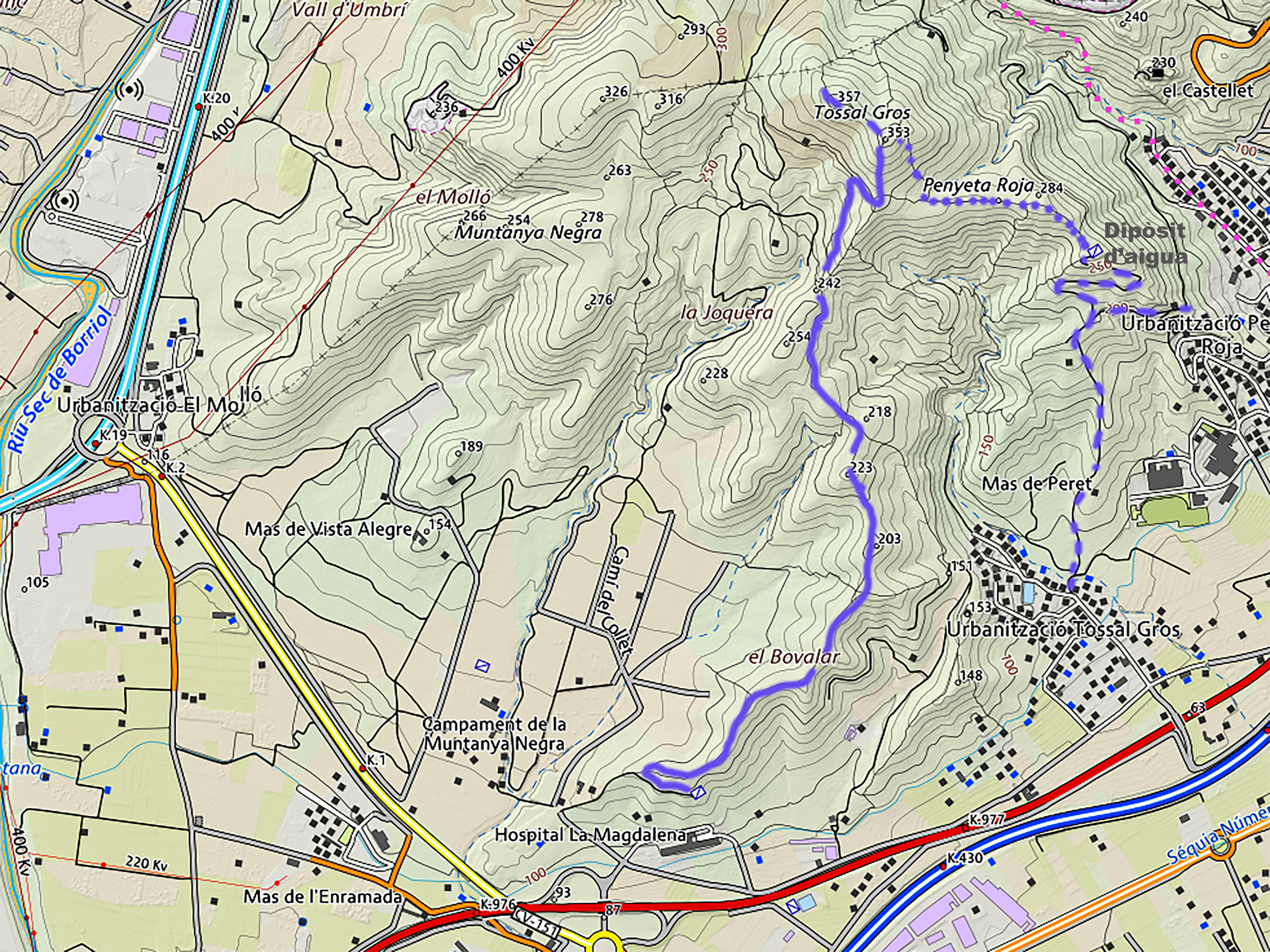 Plànol amb senyalitzacions d’algunes sendes d’accés al tossal Gros.