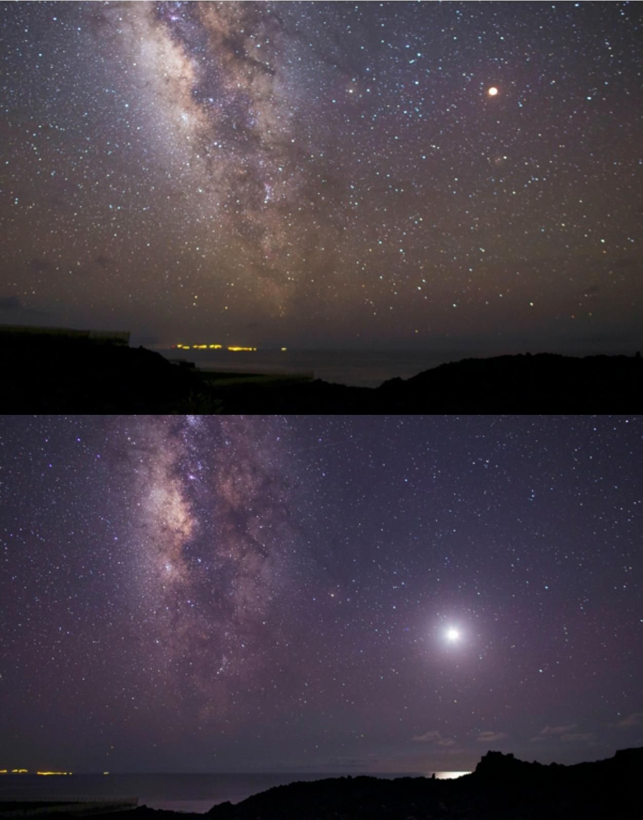 Las fotos  realizadas por Ana García muestran una vista de la Vía láctea desde Fuencaliente  durante la totalidad del eclipse lunar y justo después, superada la fase total, la Luna ya con un 12% de su superficie iluminada.
