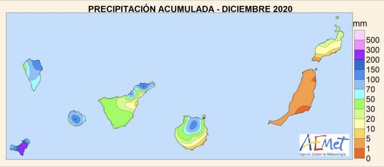 Precipitación acumulada en diciembre de 2020 en Canarias