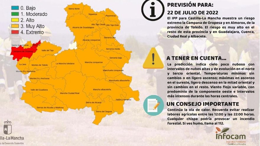 Índice de Propagación Potencial de Incendios Forestales el 22 de julio de 2022 en Castilla-La Mancha