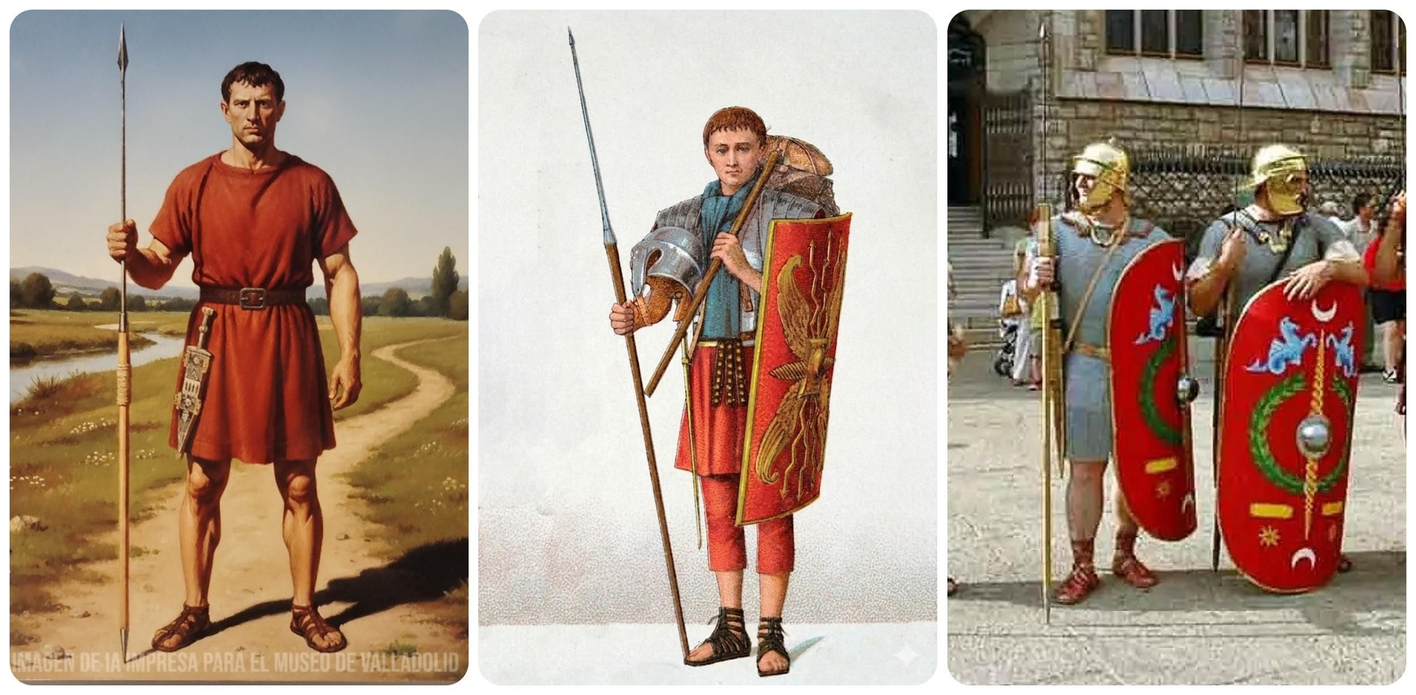 Imagen IA del Museo de Valladolid de un legionario romano frente a una ilustración del siglo XIX y unos recreadores en el Natalicio del Águila en el año 2025 en León.