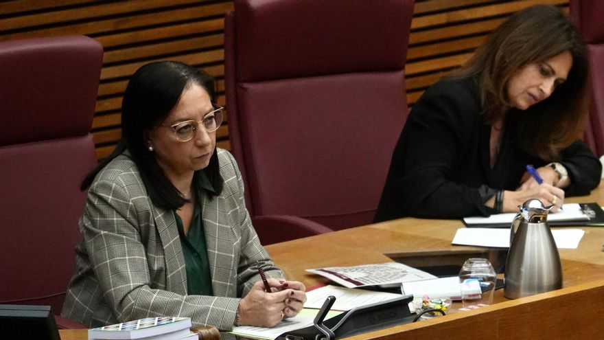 A la izquierda, Llanos Massó, presidenta de las Corts, durante el debate de investidura de Juanfran Pérez Llorca