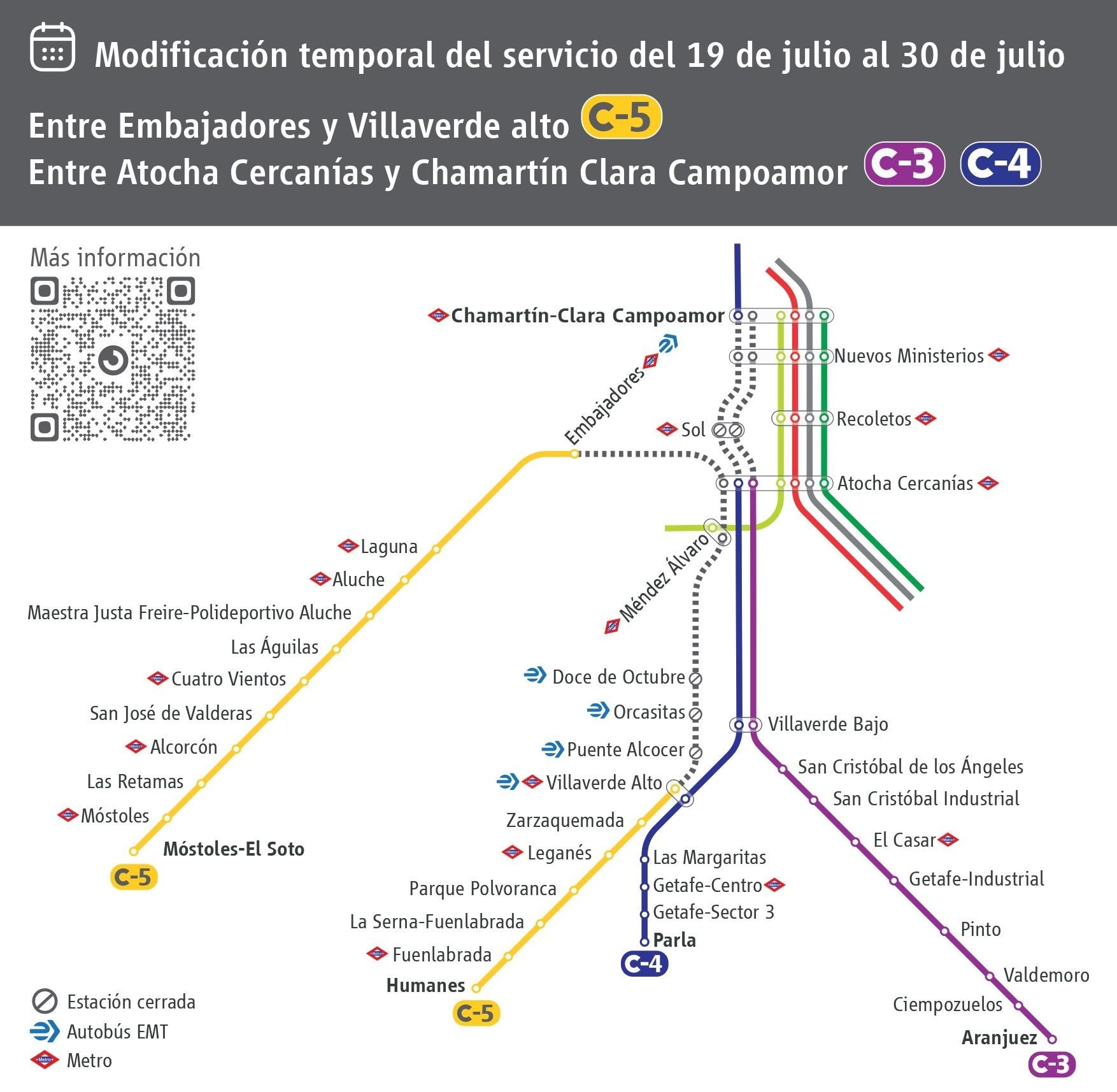 Tramo de la C-3 y la C-4 afectado por las obras del 19 de julio al 31 de agosto.
