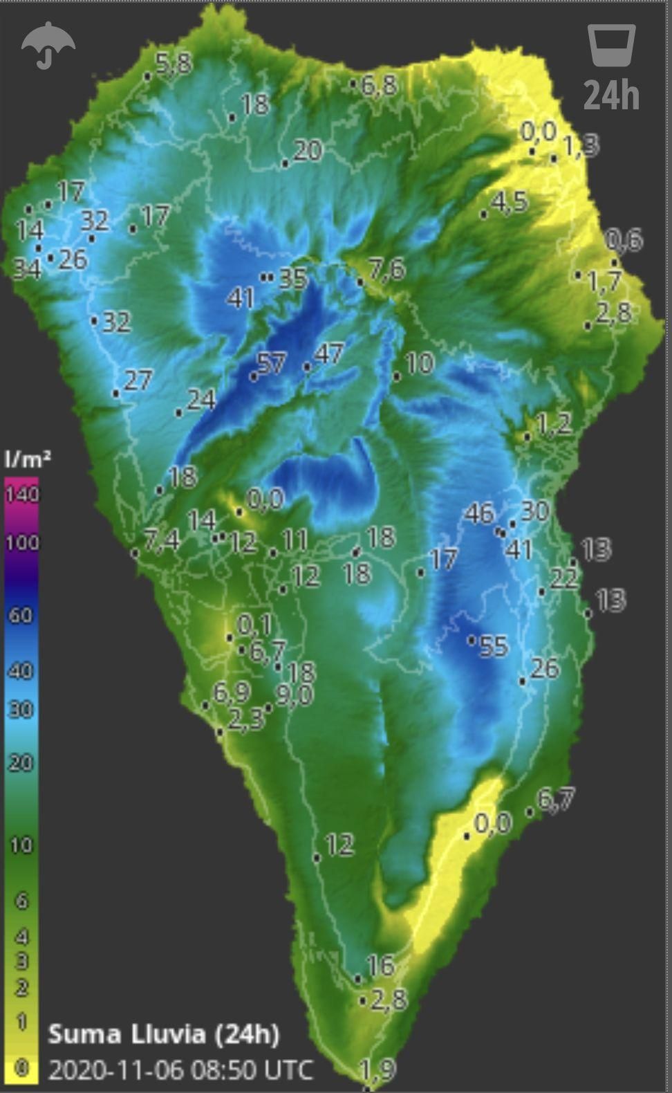 Mapa de HD Meteo La Palma de la lluvia caída, hasta las 08.50 horas de este viernes, 6 de noviembre, en diferentes puntos de la Isla.