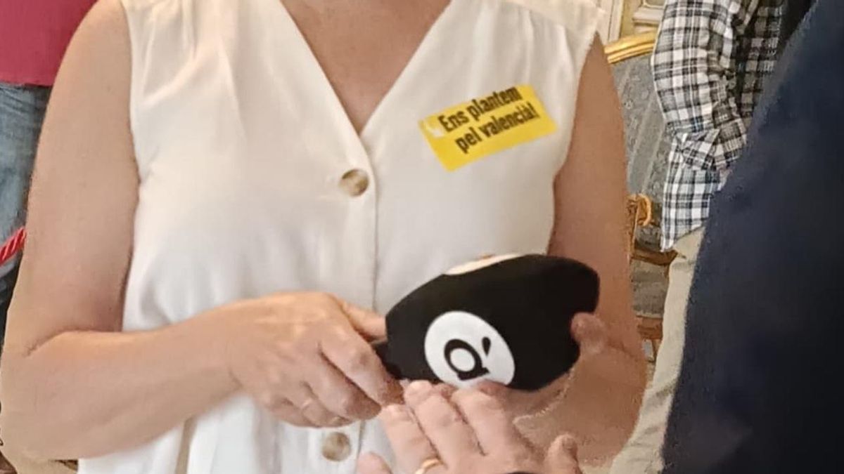 Imagen de la periodista con la pegatina 'Ens plantem pel valencià!'.