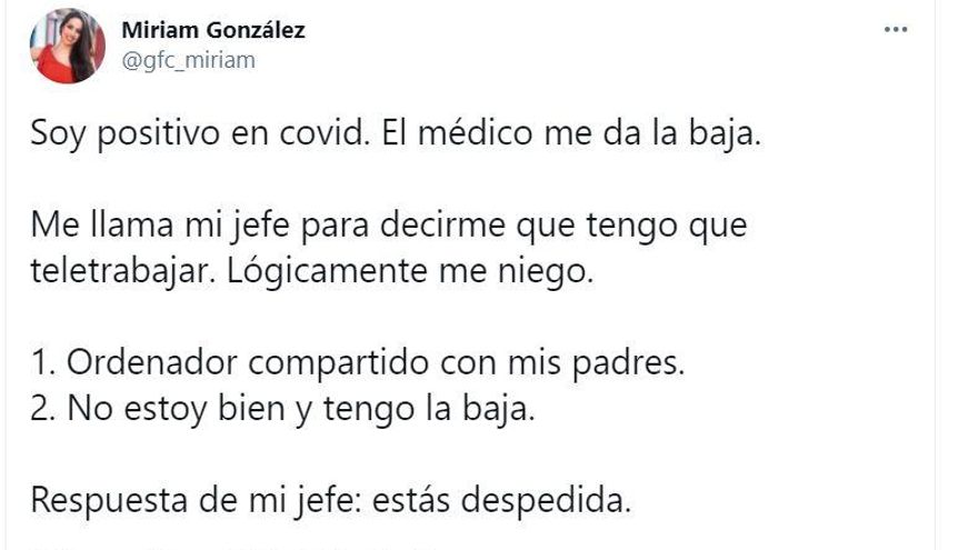 El tuit publicado por Miriam en redes sociales explicando lo que le ha pasado.