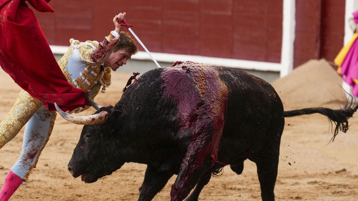 Borja Jiménez entra a matar su primer toro durante la corrida del 3 de octubre de 2025 en Las Ventas (Madrid).