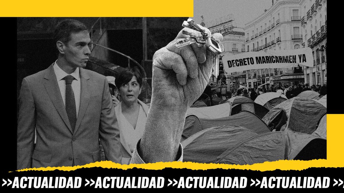 Montaje: el Presidente y la Ministra de Vivienda entran al Congreso mientras en la acampada de la Puerta del Sol protestan por el "decreto Maricarmen"