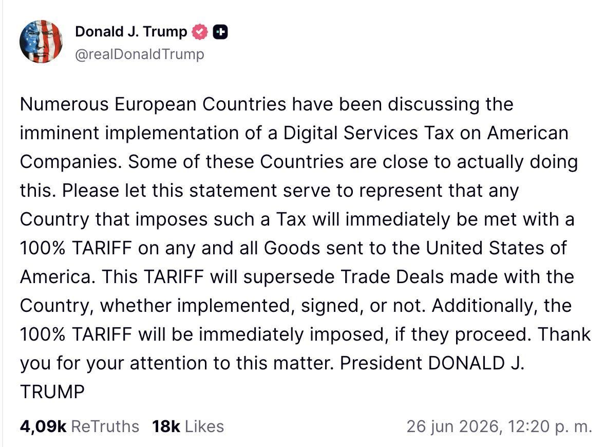 Truth Social de Trump sobre la ley de Servicios Digitales.