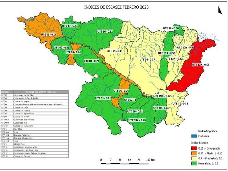 NIvel de sequía en la comarca superior, que corresponde a Campoo, en un mapa de sequía de la Confederación Hidrográfica del Ebro (CHE) correspondiente al mes de febrero.
