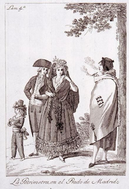 Estampa que representa el choque entre una familia de petimetres (el hombre viste levita y tricornio) y un majo, que observa desafiante embozado en su capa, fumando y con sombrero calañés: