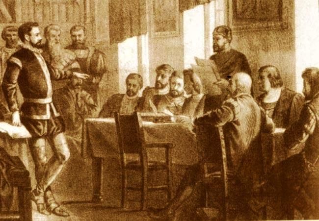 Grabado recreando la reunión de la Santa Junta en Ávila que la ciudad de León abandonó sin votar la Ley Perpetua.