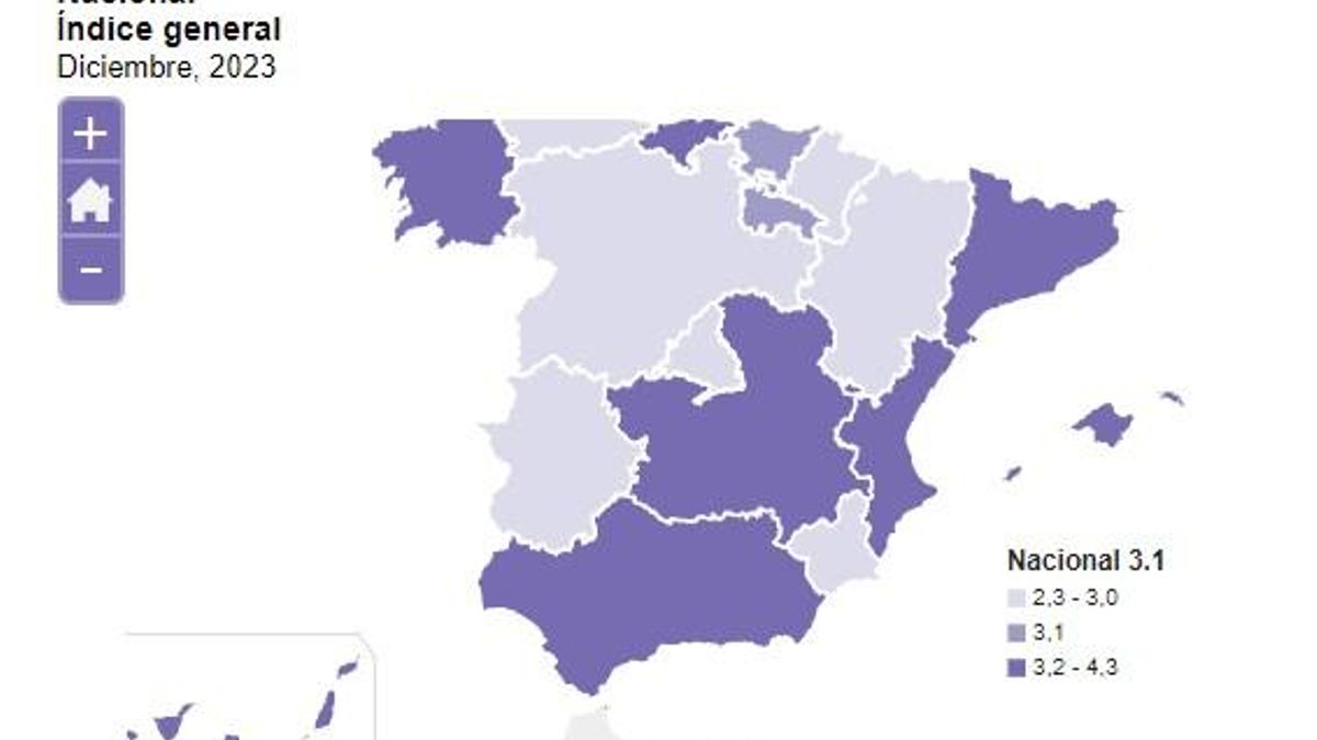 Mapa con la inflación nacional del año en las comunidades, la extremeña ha sido la más baja de España