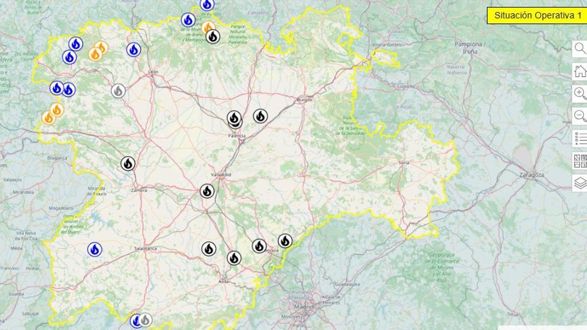 Mapa de la situación operativa de incendios en Castilla y León, el 2 de septiembre de 2025.