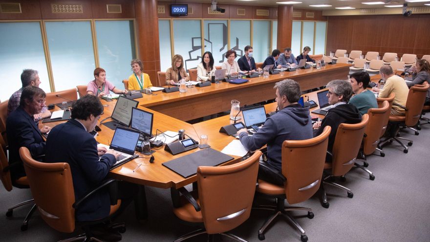 Miembros de la plataforma Herriak Bizirik junto a los representantes políticos en el Parlamento Vasco este martes