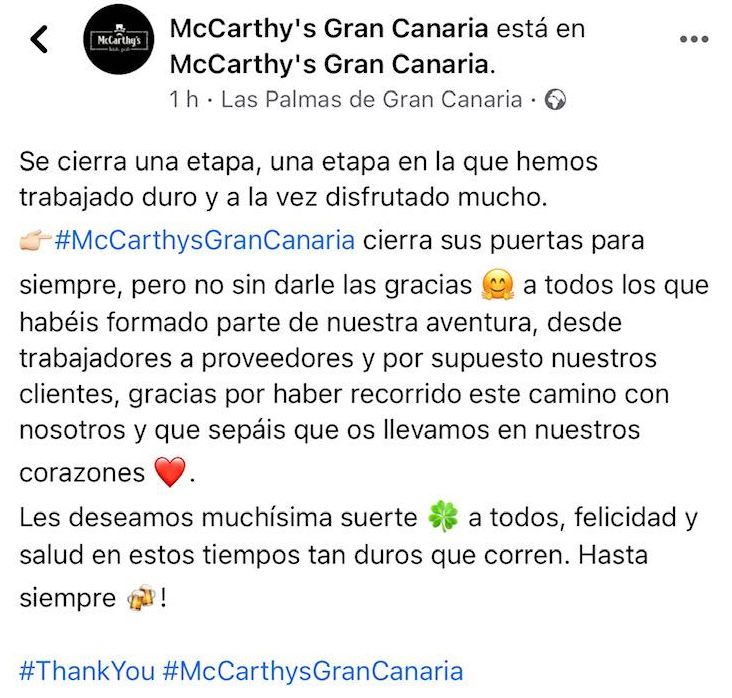 McCarthy's anuncia en su Facebook su cierre.