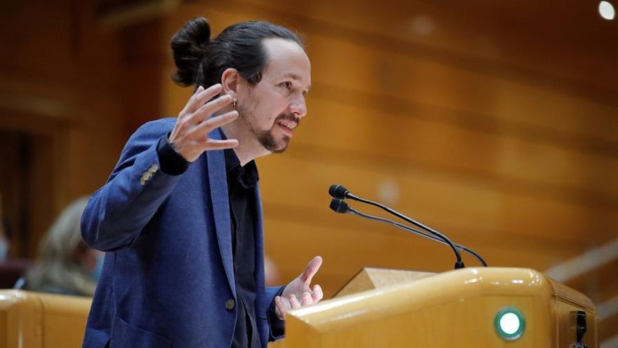 El vicepresidente segundo del Gobierno, Pablo Iglesias, interviene durante su última sesión de control al Gobierno en el Senado.