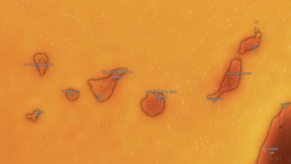 Mapa de temperaturas previstas en Canarias este jueves, con más de 30 grados en múltiples zonas del archipiélago.