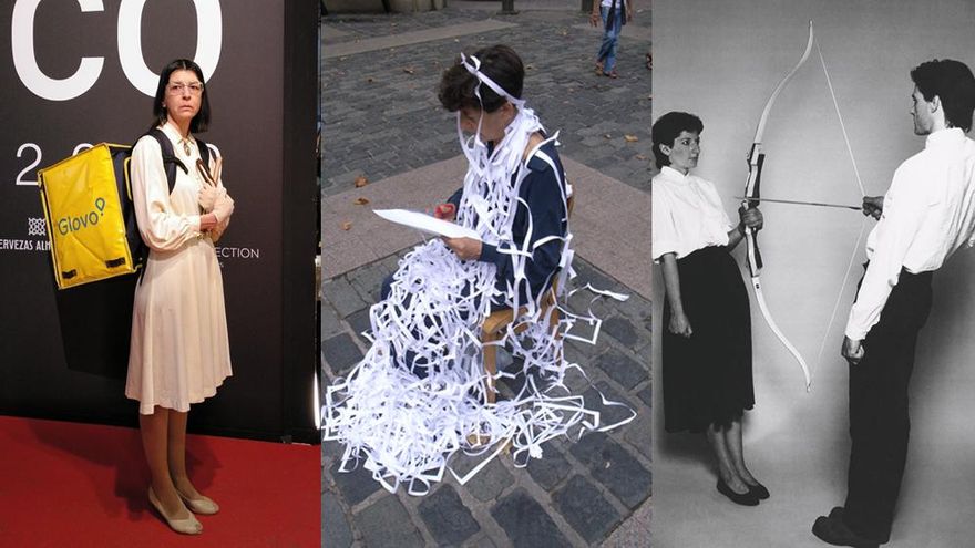 Performance de izquierda a derecha: "Paseo en Glovo" de Mss Beige, "INFR'ACTION 06" de Esther Ferrer y "Rest Energy" de Abramović y Ulay