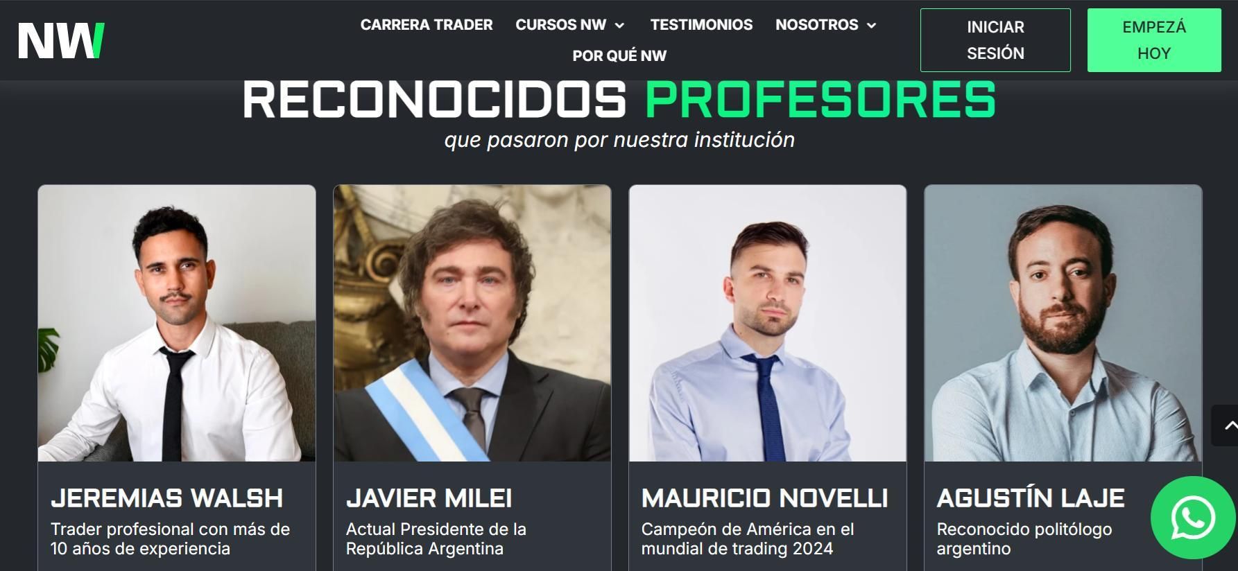 Javier Milei y Agustín Laje figuran en la web de N&W Professional Traders como "reconocidos profesores que pasaron por nuestra institución", junto a sus creadores, Mauricio Novelli y Jeremías Walsh.