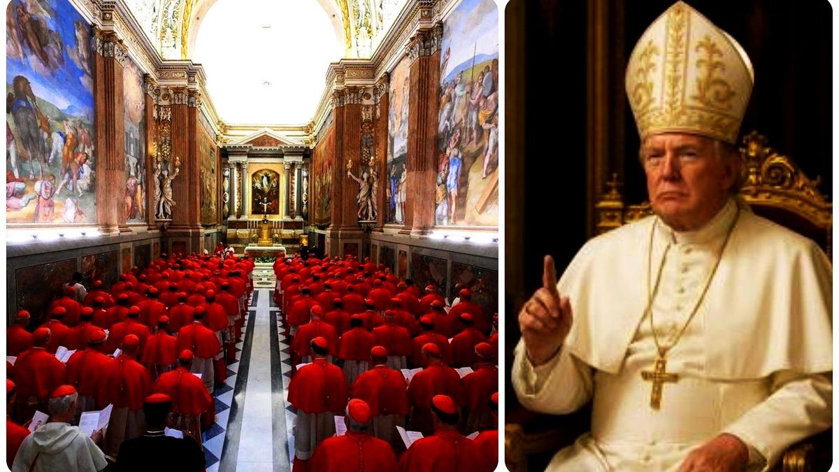 Cardenales del cónclave y el Papa Trump que la Casa Blanca tuiXteó compuesto por IA.